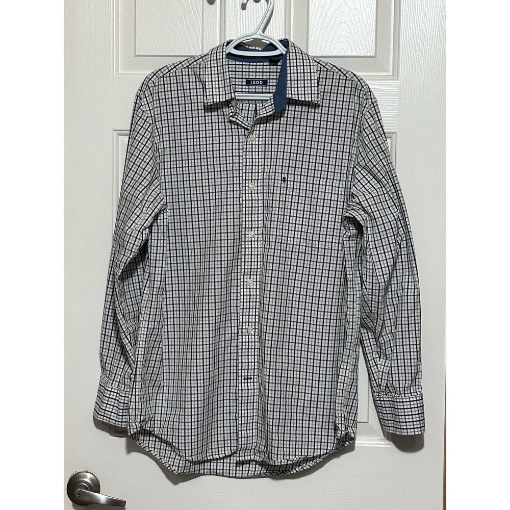 IZOD Men's Black‎ Beige White Plaid Long Sleeve Button Down Shirt Size M